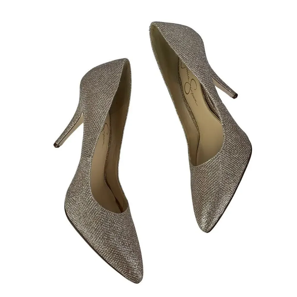 EUC Jessica Simpson Oravia 9 Shimmer Glitter Sparkle Gold Pump Heel Pointed Toe
